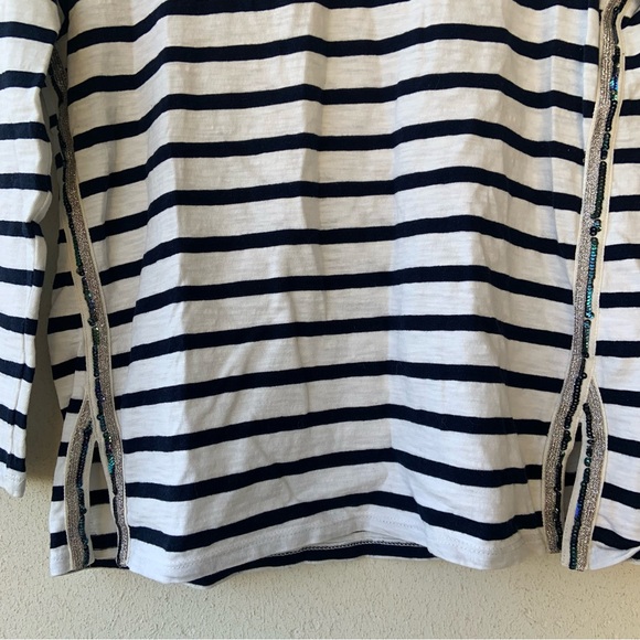 J Crew Navy Blue and White Striped 3/4 Sleeve Crew Neck Blouse - Picture 2 of 9